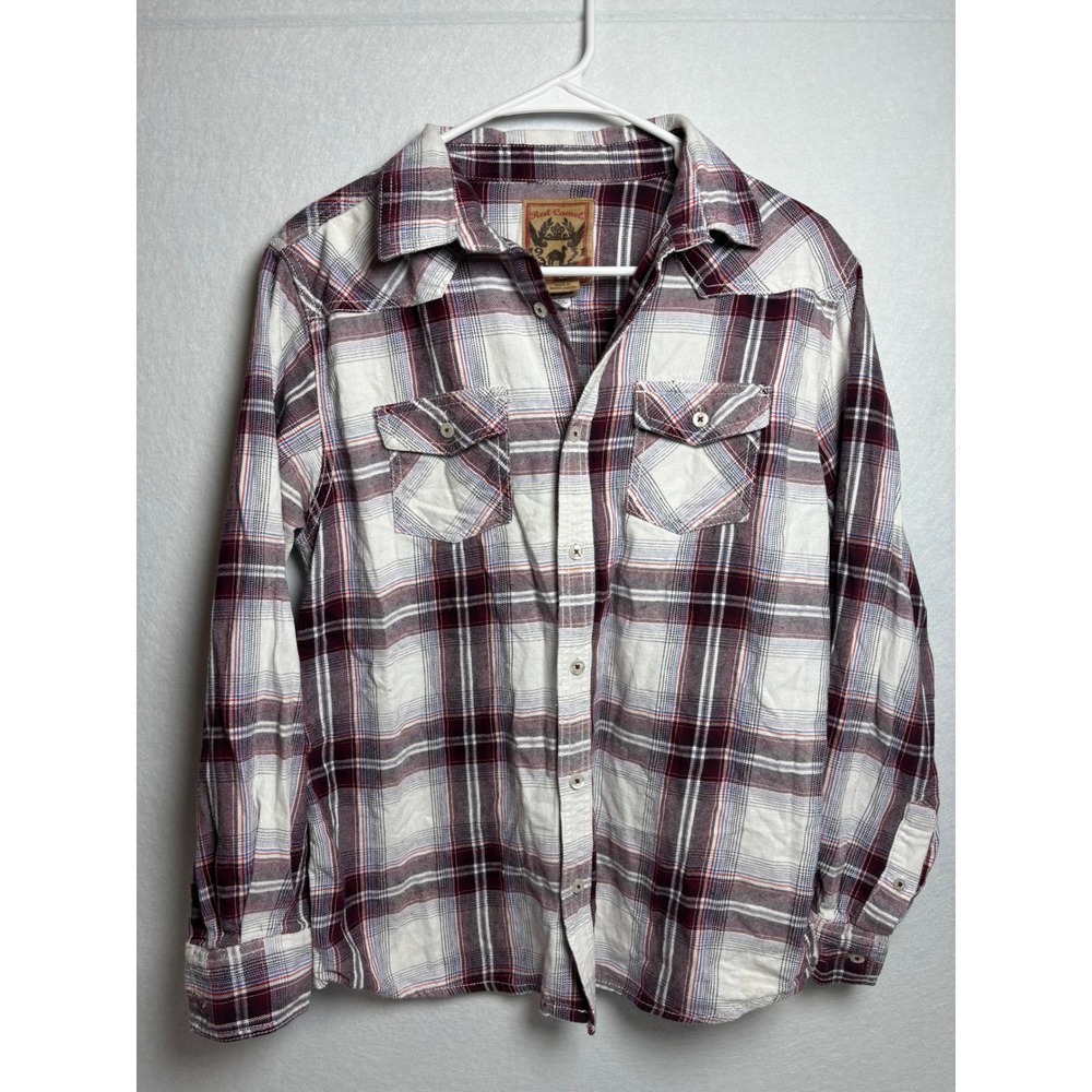 Red Camel Boys XL Flannel Button Down Shirt Plaid Burgundy White Blue L/S